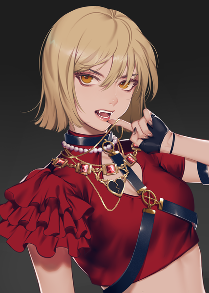 Anime picture 2976x4175 with original inanome me single tall image looking at viewer fringe highres short hair simple background blonde hair hair between eyes brown eyes upper body nail polish teeth fang (fangs) finger to mouth black background girl gloves