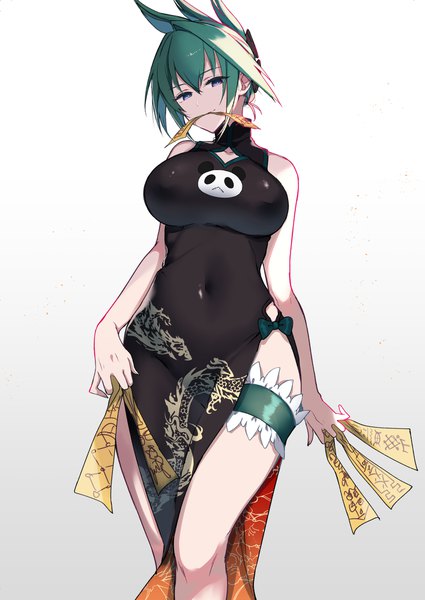 Anime picture 1416x2000 with shaman king xebec tao jun pochi (pochi-goya) single tall image looking at viewer fringe short hair breasts blue eyes light erotic simple background hair between eyes large breasts standing bare shoulders holding payot traditional clothes