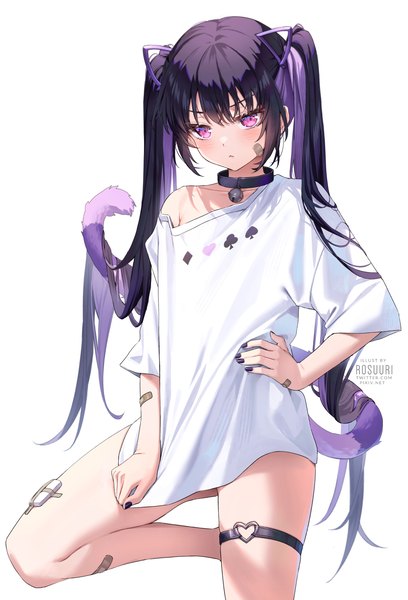 Anime picture 1000x1471 with original rosuuri single long hair tall image looking at viewer blush fringe light erotic black hair simple background standing white background purple eyes twintails signed animal ears payot bent knee (knees) tail