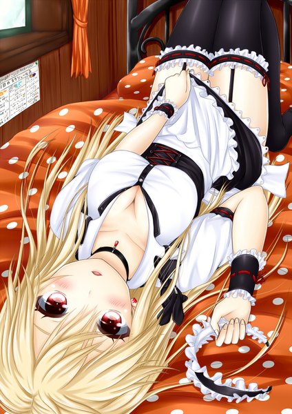 Anime picture 1414x2000 with original oosato haya single long hair tall image looking at viewer blush breasts open mouth light erotic blonde hair smile red eyes large breasts bent knee (knees) lying maid no shoes polka dot girl