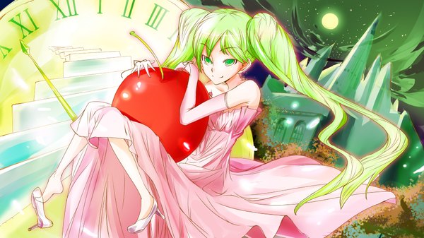 Anime picture 1920x1080 with vocaloid hatsune miku highres wide image girl food moon clock berry (berries) cherry