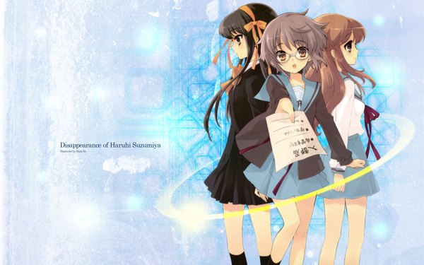 Anime picture 1920x1200 with suzumiya haruhi no yuutsu kyoto animation suzumiya haruhi nagato yuki asahina mikuru highres black hair brown hair wide image multiple girls grey hair girl glasses 3 girls