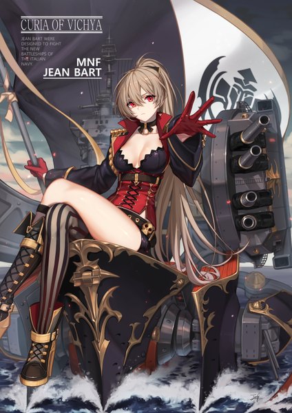 Anime picture 1060x1500 with azur lane jean bart (azur lane) baek hyang single long hair tall image looking at viewer fringe breasts light erotic hair between eyes red eyes brown hair large breasts sitting holding cleavage outdoors ponytail character names