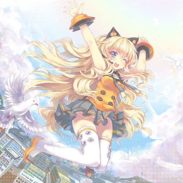 Anime picture 2560x2560 with vocaloid seeu north abyssor single long hair looking at viewer highres open mouth blue eyes smile bare shoulders animal ears sky cloud (clouds) :d one eye closed wink cat ears pantyshot zettai ryouiki