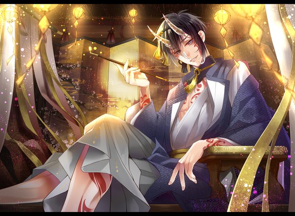 Anime picture 3508x2576 with touken ranbu nitroplus mikazuki munechika shian (ymao) single looking at viewer highres short hair blue eyes black hair smile sitting absurdres indoors traditional clothes head tilt horn (horns) wind open clothes tattoo