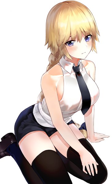 Anime picture 683x1126 with fate (series) fate/grand order fate/apocrypha jeanne d'arc (fate) (all) jeanne d'arc (fate) kfr single long hair tall image looking at viewer blush fringe breasts simple background blonde hair hair between eyes white background sitting purple eyes bare shoulders