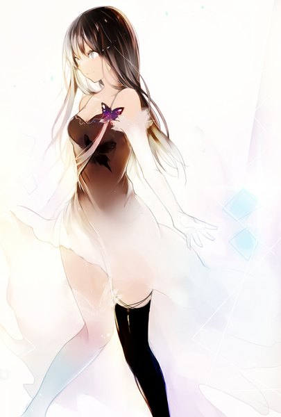 Anime picture 600x888 with original lpip single long hair tall image fringe black hair simple background standing white background bare shoulders yellow eyes looking away spread arms surprised girl thighhighs dress black thighhighs black dress