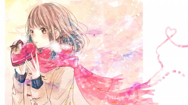 Anime picture 1200x673 with original lululu luuuuuun single blush fringe short hair open mouth brown hair wide image looking away long sleeves exhalation valentine heart of string girl food heart sweets scarf candy