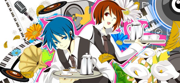 Anime picture 2000x929 with vocaloid kaito (vocaloid) meiko sakisato kiriko highres short hair open mouth blue eyes smile red eyes brown hair wide image blue hair one eye closed light smile wink couple open collar waitress waiter