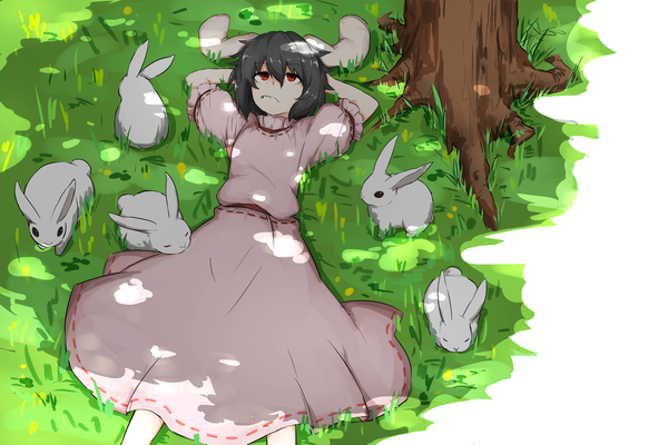Anime picture 3000x2000 with touhou inaba tewi kankan33333 single fringe highres short hair black hair hair between eyes red eyes animal ears outdoors lying sunlight arms up short sleeves on back bunny ears puffy sleeves bunny girl