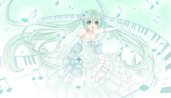 Anime picture 3950x2280 with vocaloid hatsune miku tsukaze single highres wide image twintails absurdres very long hair aqua eyes aqua hair girl dress gloves hair ornament bow elbow gloves musical note