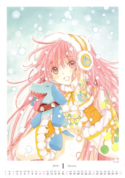 Anime picture 2097x2985 with kobato clamp hanato kobato ioryogi single long hair tall image blush highres open mouth pink hair pink eyes scan snowing winter snow 2010 calendar 2010 girl animal