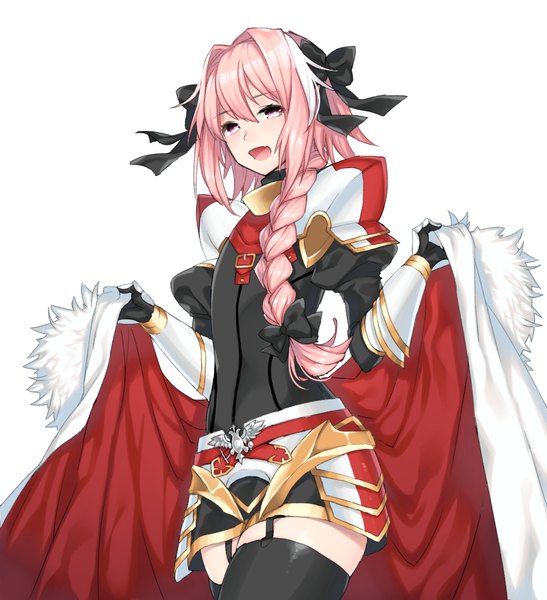 Anime picture 913x1000 with fate (series) fate/apocrypha astolfo (fate) enoshabu single long hair tall image fringe open mouth simple background smile standing white background purple eyes pink hair braid (braids) multicolored hair teeth streaked hair single braid