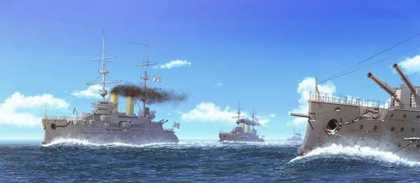 Anime picture 1500x657 with original earasensha wide image sky cloud (clouds) weapon sea watercraft ship