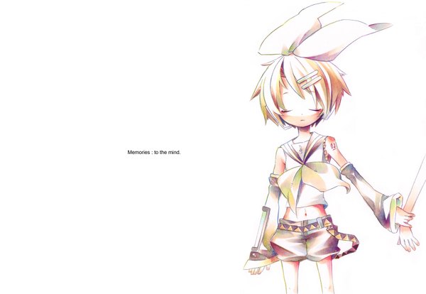Anime picture 1750x1210 with vocaloid kagamine rin akisame kou single blush highres short hair simple background blonde hair white background eyes closed inscription tattoo holding hands girl navel hair ornament bow ribbon (ribbons) hair bow