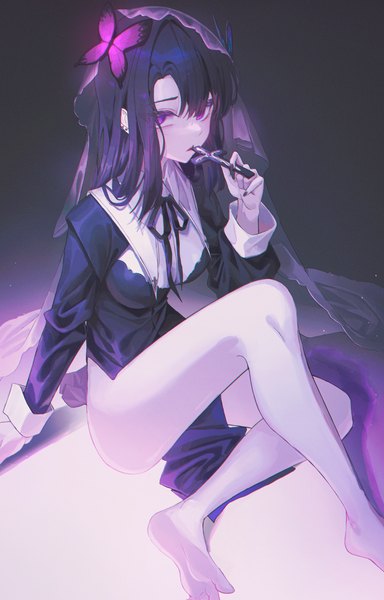 Anime picture 3837x6000 with original domi (hyaku8795) single long hair tall image looking at viewer fringe highres breasts open mouth light erotic black hair simple background hair between eyes sitting purple eyes holding absurdres bent knee (knees) nail polish