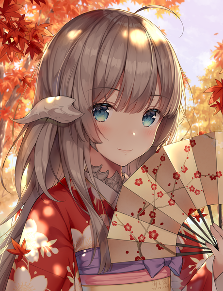 Anime picture 982x1281 with final fantasy final fantasy xiv square enix au ra ayuanlv single long hair tall image looking at viewer blush fringe blue eyes smile brown hair holding upper body ahoge blunt bangs traditional clothes japanese clothes