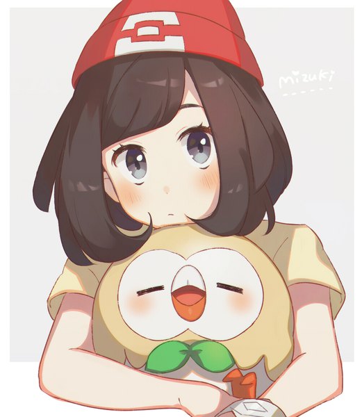 Anime picture 1000x1150 with pokemon pokemon (game) pokemon sm nintendo selene (pokemon) rowlet unapoppo single tall image looking at viewer blush fringe short hair black hair grey background grey eyes character names gen 7 pokemon girl animal