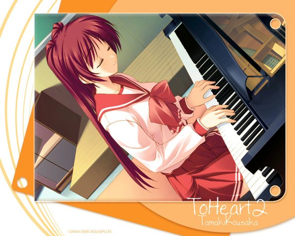 Anime picture 1280x1024 with to heart 2 leaf (studio) kousaka tamaki amazuyu tatsuki single long hair sitting red hair indoors eyes closed pleated skirt copyright name character names playing instrument girl skirt musical instrument red skirt piano