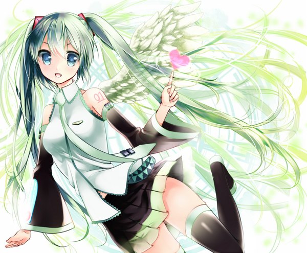 Anime picture 1356x1120 with vocaloid hatsune miku aaru single looking at viewer open mouth twintails bare shoulders very long hair aqua eyes aqua hair girl thighhighs skirt black thighhighs detached sleeves wings necktie headphones