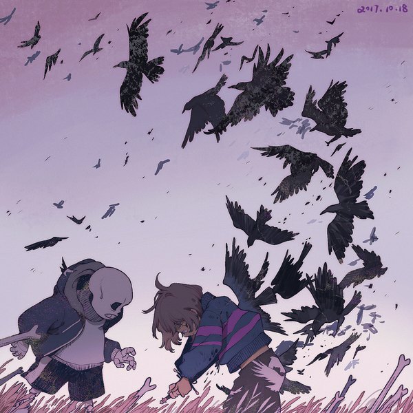 Anime picture 1800x1800 with undertale frisk (undertale) sans (undertale) diesel.2b (artist) highres short hair brown hair holding sky outdoors eyes closed dated looking down skeleton androgynous field bone (bones) 2017 weapon plant (plants)
