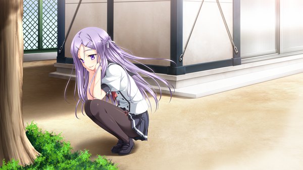 Anime picture 1280x720 with shiawase kazokubu purple software amou mikage kikurage (plastic people) single long hair wide image sitting purple eyes game cg purple hair wind girl skirt miniskirt pantyhose black pantyhose