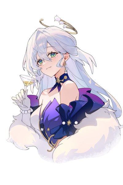 Anime picture 1200x1800 with honkai: star rail honkai (series) robin (honkai: star rail) ttosom single long hair tall image looking at viewer fringe breasts simple background hair between eyes large breasts white background green eyes upper body white hair head wings girl gloves