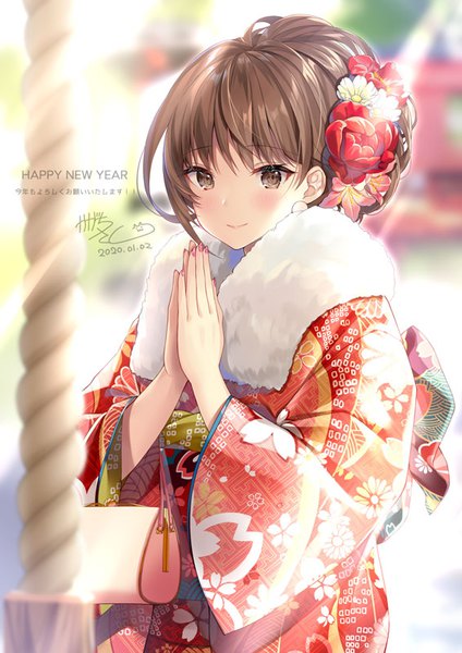 Anime picture 566x800 with original kagachi saku single tall image blush fringe short hair smile hair between eyes brown hair standing brown eyes signed payot upper body long sleeves nail polish traditional clothes japanese clothes hair flower