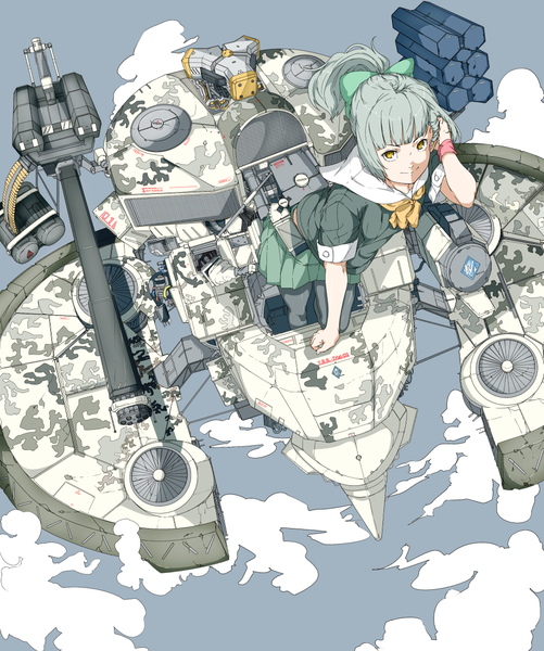 Anime picture 988x1183 with kantai collection yuubari light cruiser ninimo nimo single tall image looking at viewer fringe short hair smile yellow eyes ponytail from above grey hair grey background adjusting hair girl uniform bow weapon hair bow