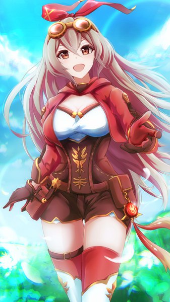 Anime picture 1080x1920 with genshin impact amber (genshin impact) minksama single long hair tall image looking at viewer fringe breasts open mouth smile hair between eyes brown hair large breasts standing brown eyes sky cloud (clouds) outdoors :d