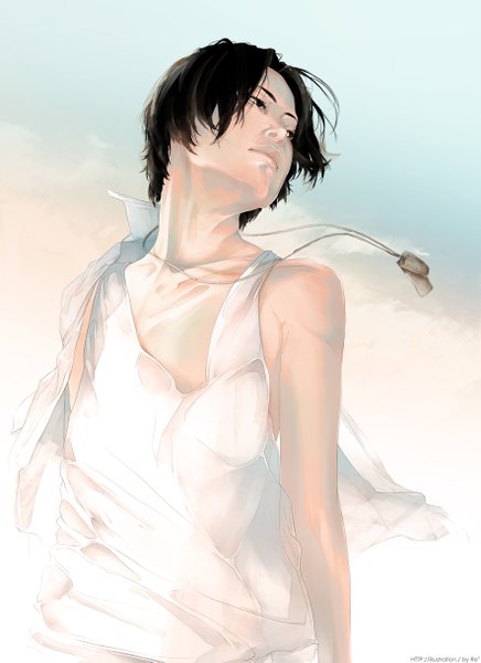 Anime picture 886x1217 with original re (artist) single tall image short hair black hair simple background looking away black eyes inscription boy shirt pendant