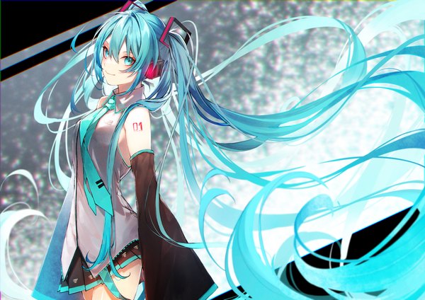 Anime picture 2000x1412 with vocaloid hatsune miku kuwashima rein single looking at viewer fringe highres smile hair between eyes standing twintails payot very long hair pleated skirt aqua eyes aqua hair floating hair girl skirt hair ornament