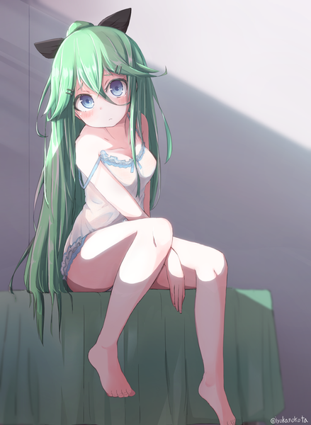 Anime picture 1823x2493 with kantai collection yamakaze (kantai collection) okota mikan single long hair tall image looking at viewer blush fringe highres blue eyes light erotic hair between eyes sitting bare shoulders signed bent knee (knees) ponytail barefoot green hair