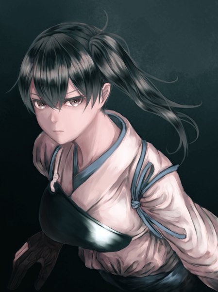Anime picture 1291x1725 with kantai collection kaga aircraft carrier mstm single long hair tall image looking at viewer black hair brown eyes ponytail side ponytail dark background girl armor breastplate muneate