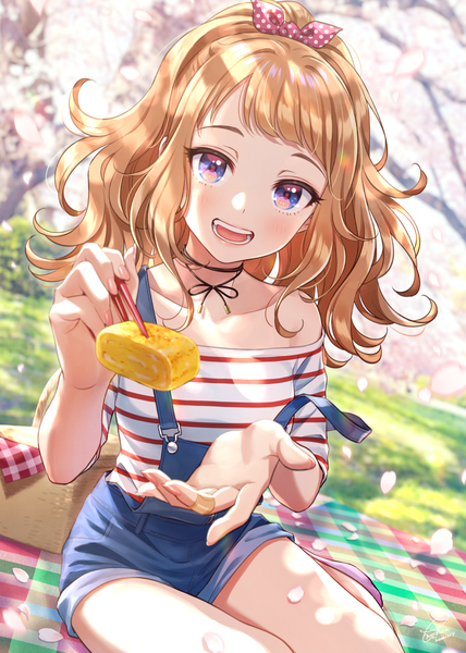 Anime picture 893x1253 with original morikura en single long hair tall image looking at viewer blush fringe open mouth blue eyes blonde hair smile sitting holding signed outdoors :d fingernails blurry off shoulder