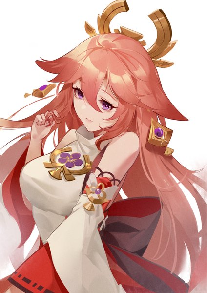 Anime picture 2480x3508 with genshin impact yae miko woodylixx single long hair tall image fringe highres simple background hair between eyes white background purple eyes animal ears looking away pink hair upper body fox ears playing with hair hair twirling girl