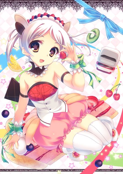 Anime picture 1753x2480 with aoi sora-maru single tall image highres short hair open mouth bare shoulders yellow eyes white hair girl thighhighs bow white thighhighs food wrist cuffs fruit berry (berries) strawberry cherry