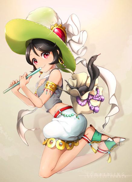 Anime picture 1000x1371 with original ng (kimjae737) tall image looking at viewer short hair black hair smile red eyes holding bent knee (knees) shiny skin jumping girl skirt ribbon (ribbons) hat earrings animal bracelet belt