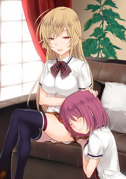 Anime picture 600x847 with shokugeki no soma j.c. staff nakiri erina arato hisako 3u long hair tall image looking at viewer fringe short hair breasts open mouth blonde hair smile hair between eyes red eyes sitting multiple girls pink hair ahoge