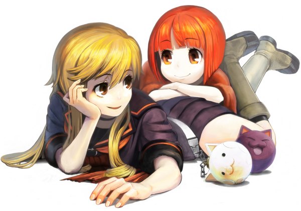 Anime picture 1426x1000 with ookami-san to shichinin no nakama-tachi j.c. staff ookami ryouko akai ringo kousaku long hair open mouth simple background blonde hair smile white background multiple girls brown eyes lying looking back orange hair arm support shadow orange eyes on stomach