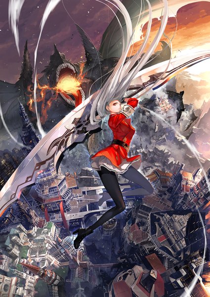 Anime picture 1075x1518 with original justminor tall image looking at viewer red eyes silver hair bent knee (knees) very long hair high heels city cityscape fantasy scenic midair girl skirt weapon miniskirt pantyhose jacket
