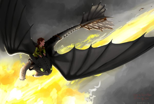 Anime picture 1722x1165 with how to train your dragon dreamworks toothless hiccup horrendous haddock iii iruka (artist) highres short hair brown hair yellow eyes tail looking back flying battle riding dragon wings animal wings fire dragon flame