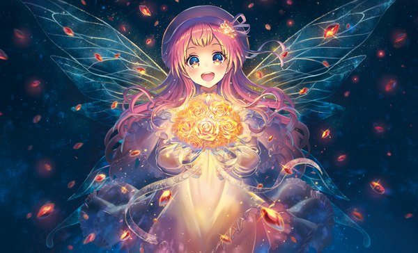 Anime picture 1500x911 with original madopen single long hair looking at viewer blush fringe open mouth smile wide image holding yellow eyes pink hair :d teeth floating hair symbol-shaped pupils insect wings girl dress