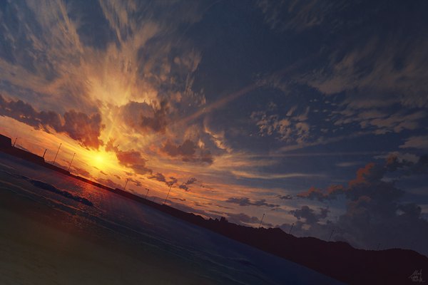 Anime picture 1200x800 with original mocha (cotton) signed sky cloud (clouds) sunlight dutch angle beach evening sunset no people scenic sea