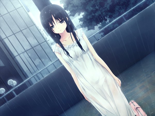 Anime picture 1024x768 with cure girl noesis (studio) kunimura kotone coffee-kizoku long hair black hair game cg rain girl sundress