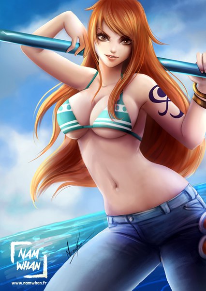 Anime picture 568x800 with one piece toei animation nami (one piece) namwhan single long hair tall image looking at viewer fringe breasts light erotic smile large breasts standing bare shoulders holding brown eyes signed payot sky