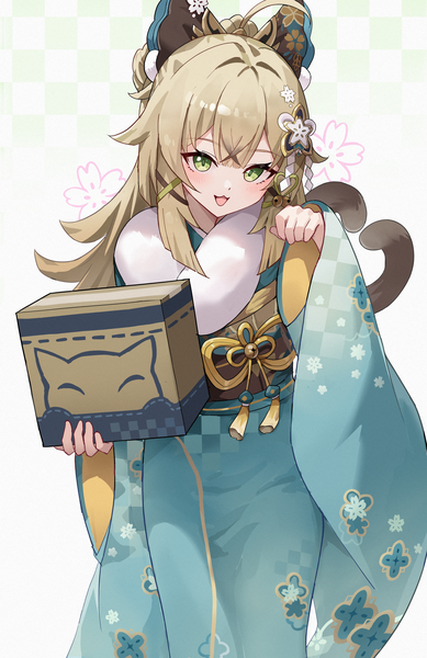 Anime picture 2346x3615 with genshin impact kirara (genshin impact) kirara (post office) (genshin impact) aftamc single long hair tall image fringe highres open mouth blonde hair hair between eyes green eyes looking away ahoge tail traditional clothes :d japanese clothes animal tail