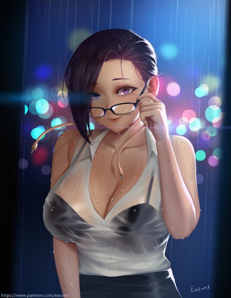 Anime picture 1000x1286 with boku no hero academia studio bones jirou mika eason single tall image looking at viewer short hair breasts light erotic smile purple eyes bare shoulders signed cleavage purple hair upper body outdoors night wet