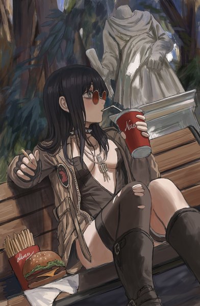 Anime picture 1772x2715 with original gold can single long hair tall image blush fringe highres breasts light erotic black hair large breasts sitting holding looking away bent knee (knees) outdoors long sleeves open jacket grey eyes