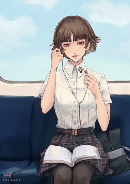 Anime picture 607x859 with persona 5 persona niijima makoto 1o8k single tall image looking at viewer fringe short hair red eyes brown hair sitting signed sky blunt bangs braid (braids) plaid skirt crown braid train interior girl